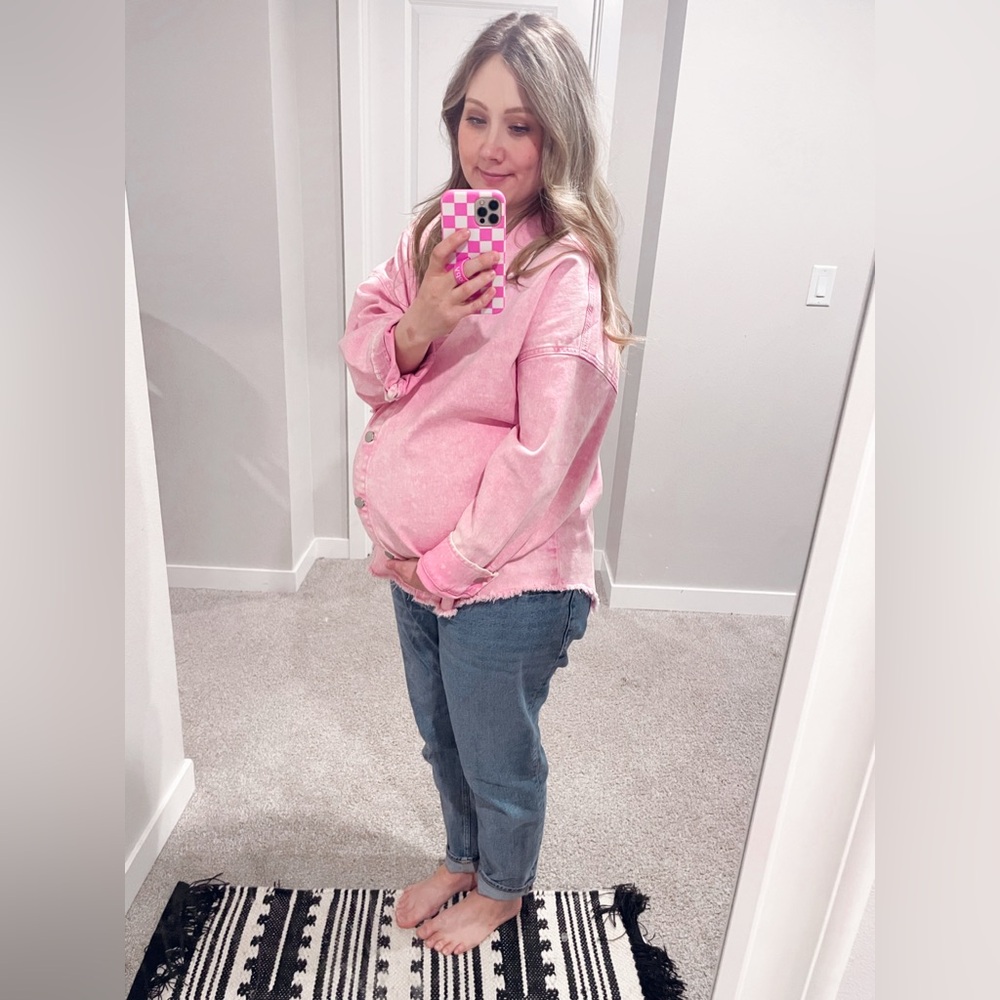 Celebrity Pink Fringe Button Down Denim in Pink